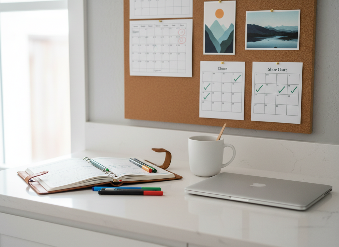 A polished kitchen counter scene representing organized family life, captured in crisp photographic realism. On a smooth, light quartz countertop sits an open leather-bound planner with neatly written color-coded notes, beside a closed silver laptop and a simple, matte-white ceramic mug. A corkboard on the wall in the softly blurred background holds a tidy arrangement of a monthly calendar, chore charts, and a few minimalist landscape postcards. Natural daylight from an unseen window bathes the scene in soft, even light, creating gentle reflections on the countertop and subtle shadows beneath the objects. Shot from a slightly elevated angle with a shallow depth of field, the composition feels clean, intentional, and professional, conveying structure and calm within busy family rhythms, without any human figures present.