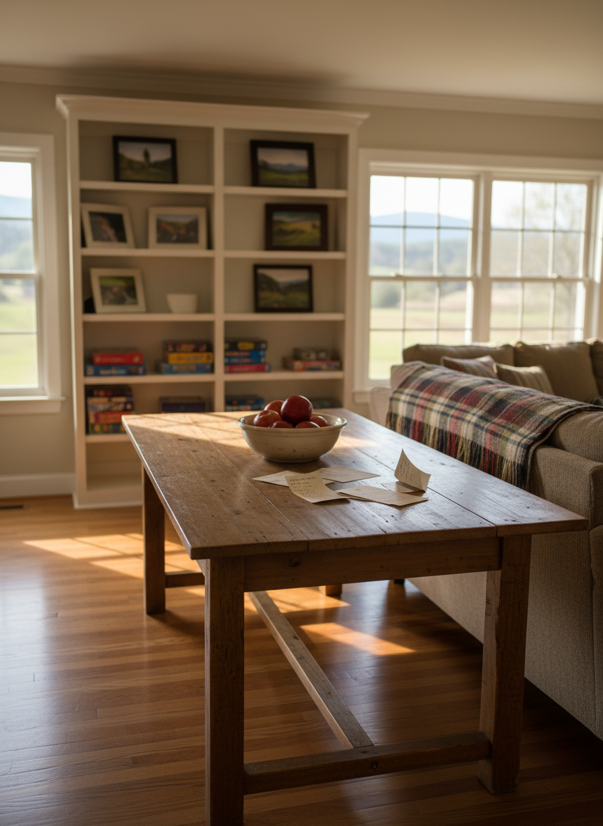A warmly lit, open-concept living room that feels like the heart of a family home in East Tennessee, captured in photographic realism. A sturdy wooden farmhouse table with a slightly worn surface anchors the foreground, holding a simple ceramic bowl of fresh red apples and a scattering of handwritten recipe cards. In the background, built-in white bookshelves hold framed landscapes and neatly stacked board games, softly blurred. Late afternoon sunlight filters through large windows, casting gentle, elongated shadows across hardwood floors and a cozy, plaid throw draped over a sofa arm. Shot at eye level with a shallow depth of field and a clean, professional composition, the mood is welcoming, calm, and organized—suggesting a thoughtful, intentional family life without showing any people.