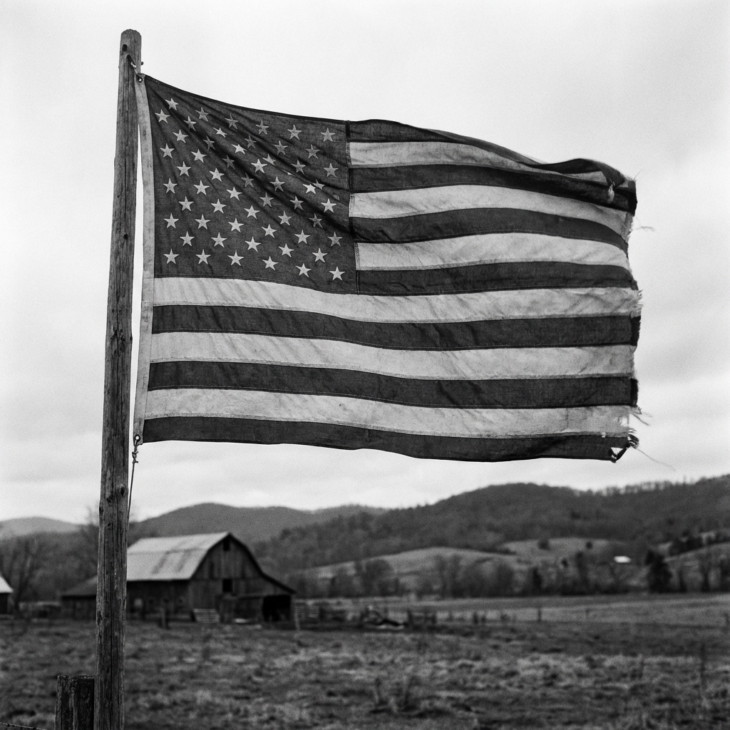 A tattered American flag flying on a wooden pole in a rural field with a barn.